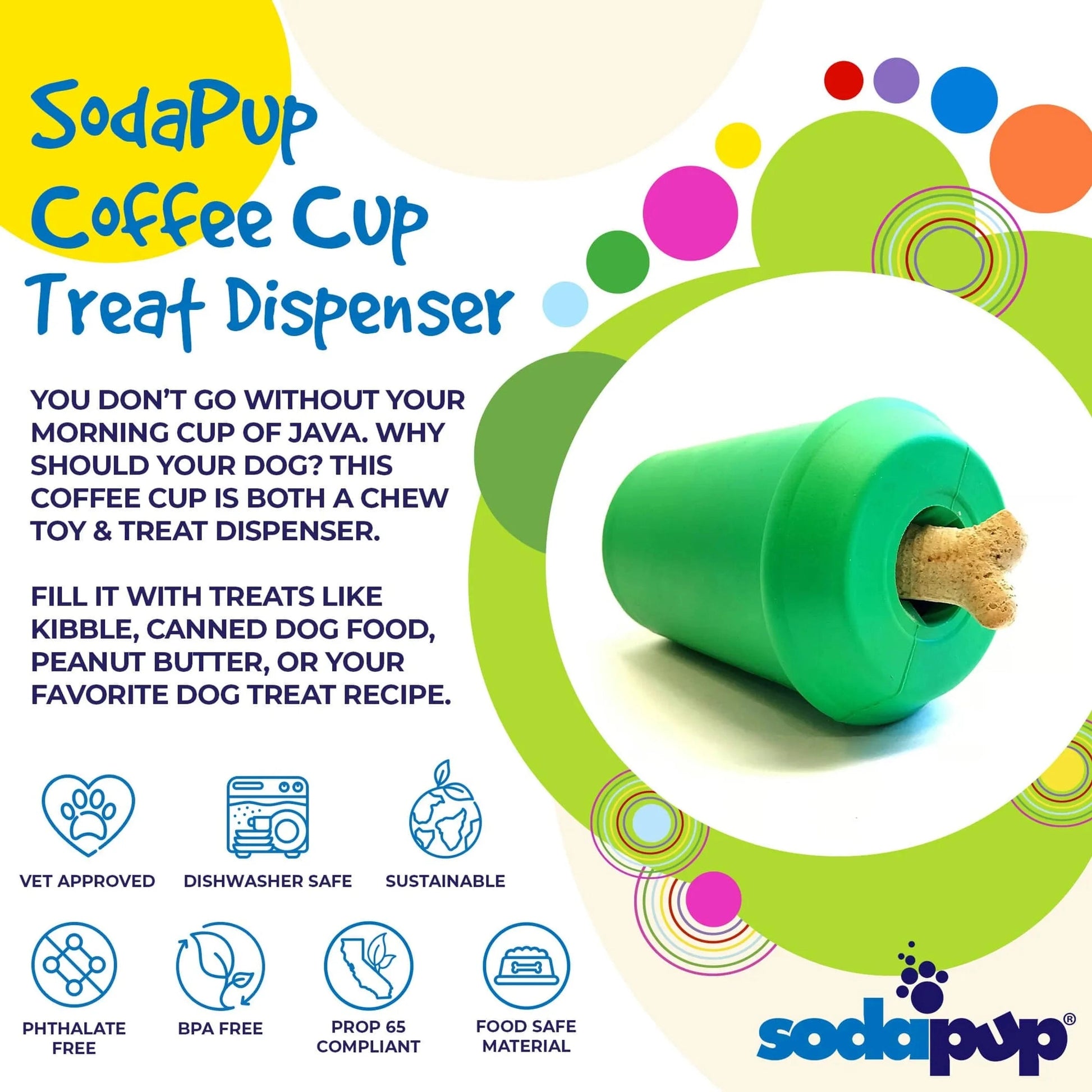 SodaPup green coffee cup rubber treat dispenser with bone-shaped treat
