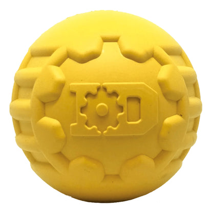SodaPup ID Ball yellow natural rubber chew toy with textured gear ridges and embossed logo