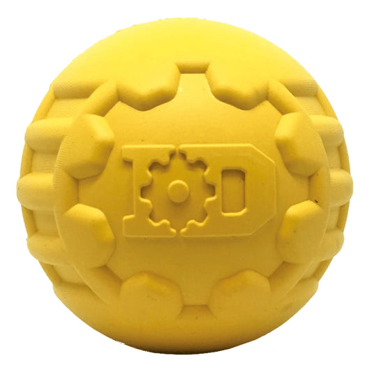 SodaPup ID Ball yellow natural rubber chew toy with textured gear ridges and embossed logo