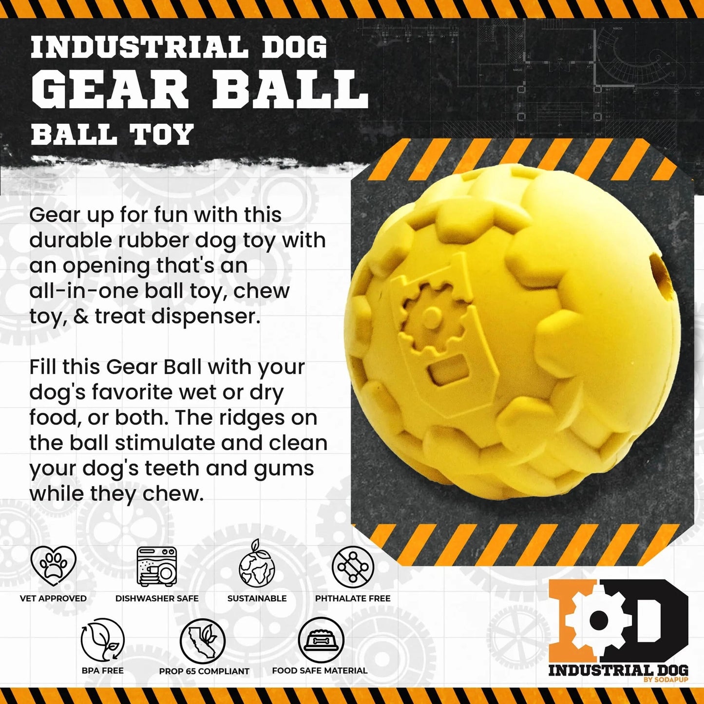 Yellow durable rubber dog treat ball with food opening and dishwasher safe features