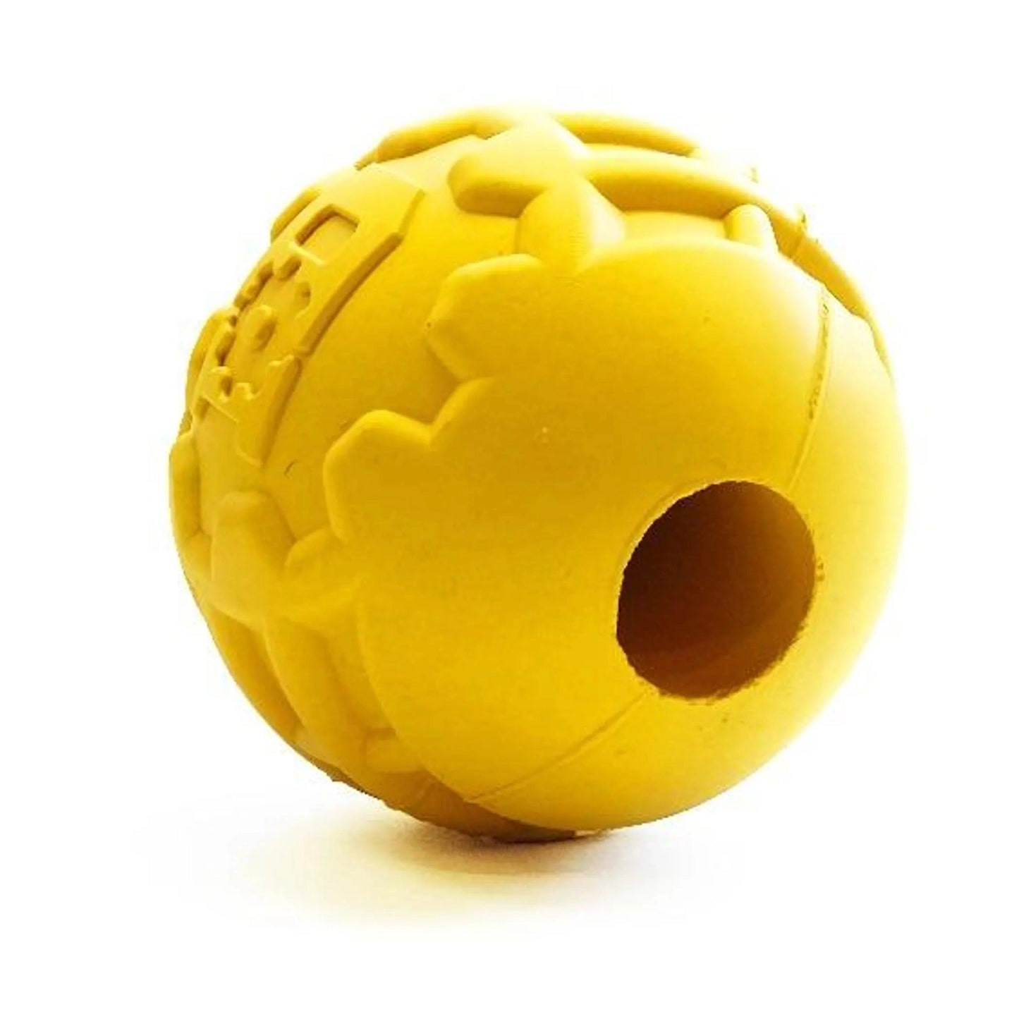 Side view of hollow yellow rubber dog ball with circular treat opening and textured grip