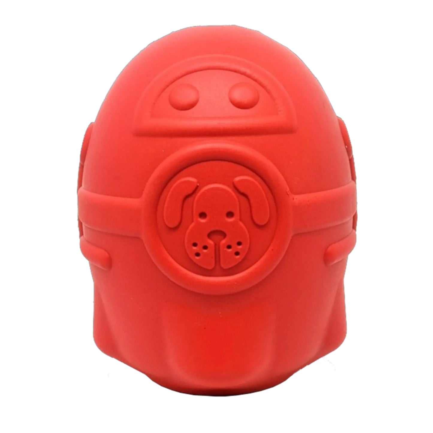 Solid red natural rubber dog toy with embossed dog face design