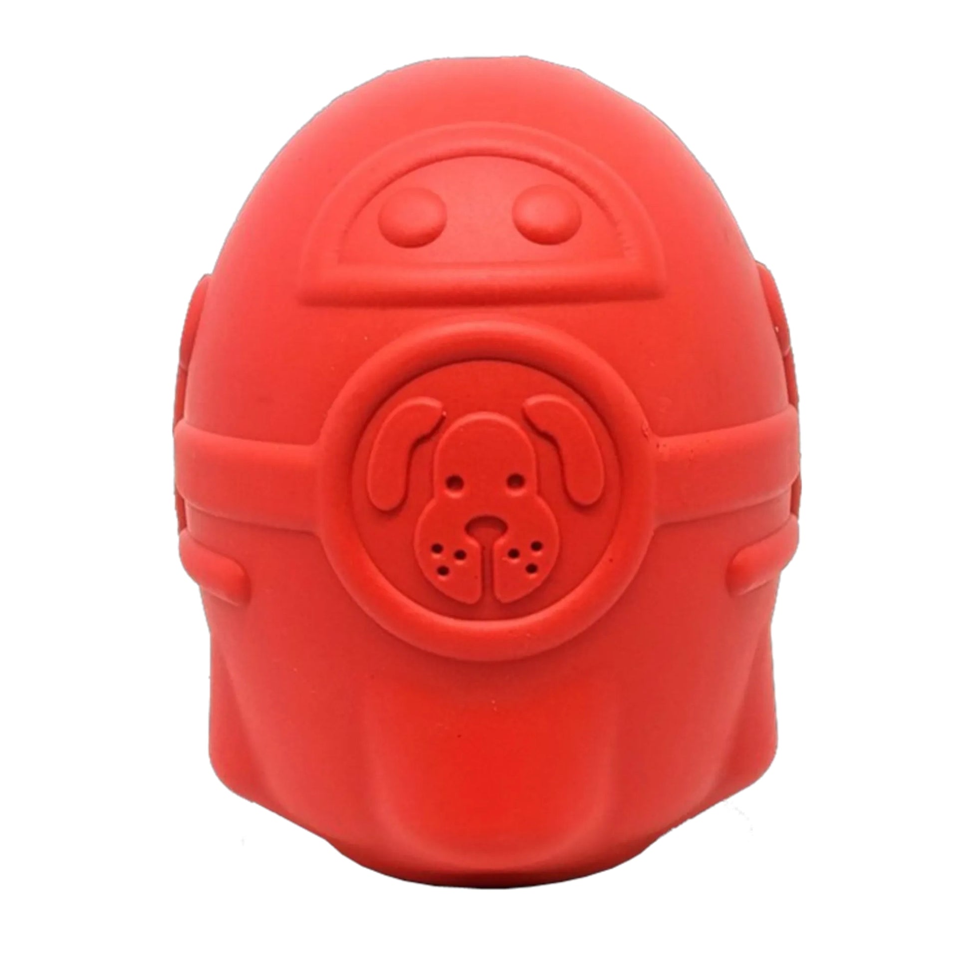 Solid red natural rubber dog toy with embossed dog face design