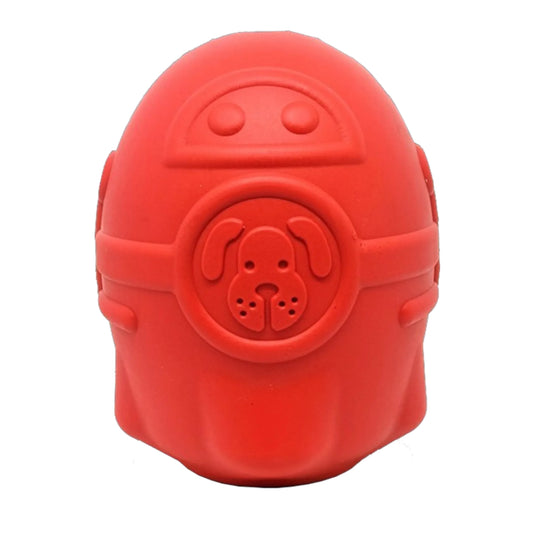Solid red natural rubber dog toy with embossed dog face design