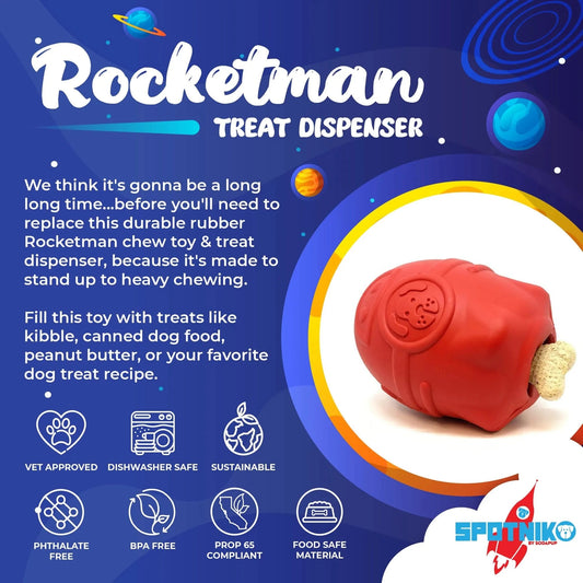 Solid red natural rubber dog toy with embossed dog face design