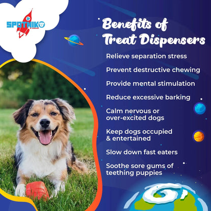 Australian Shepherd using red rocketman treat dispenser for mental stimulation