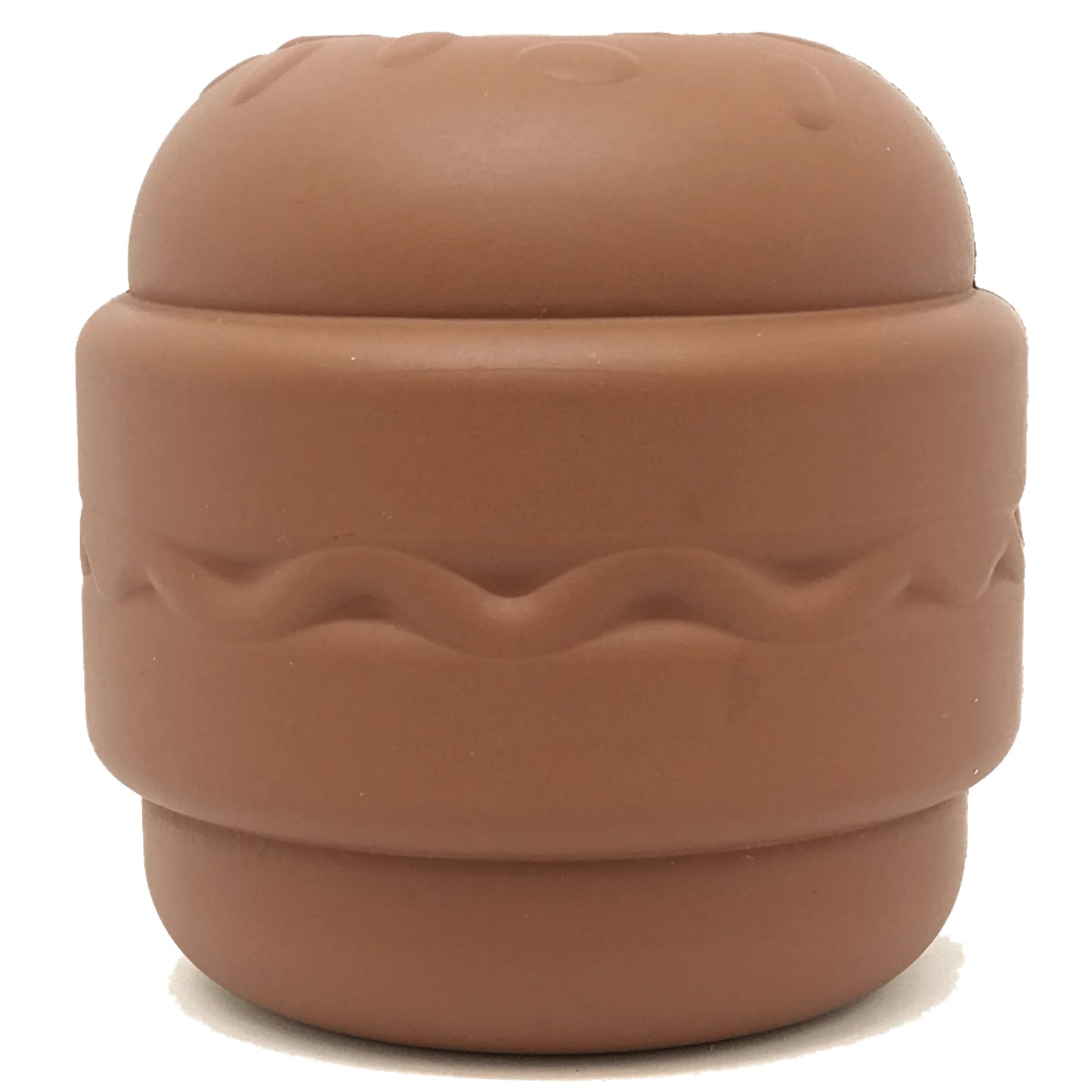 Front view of brown matte rubber hamburger shaped dog chew toy