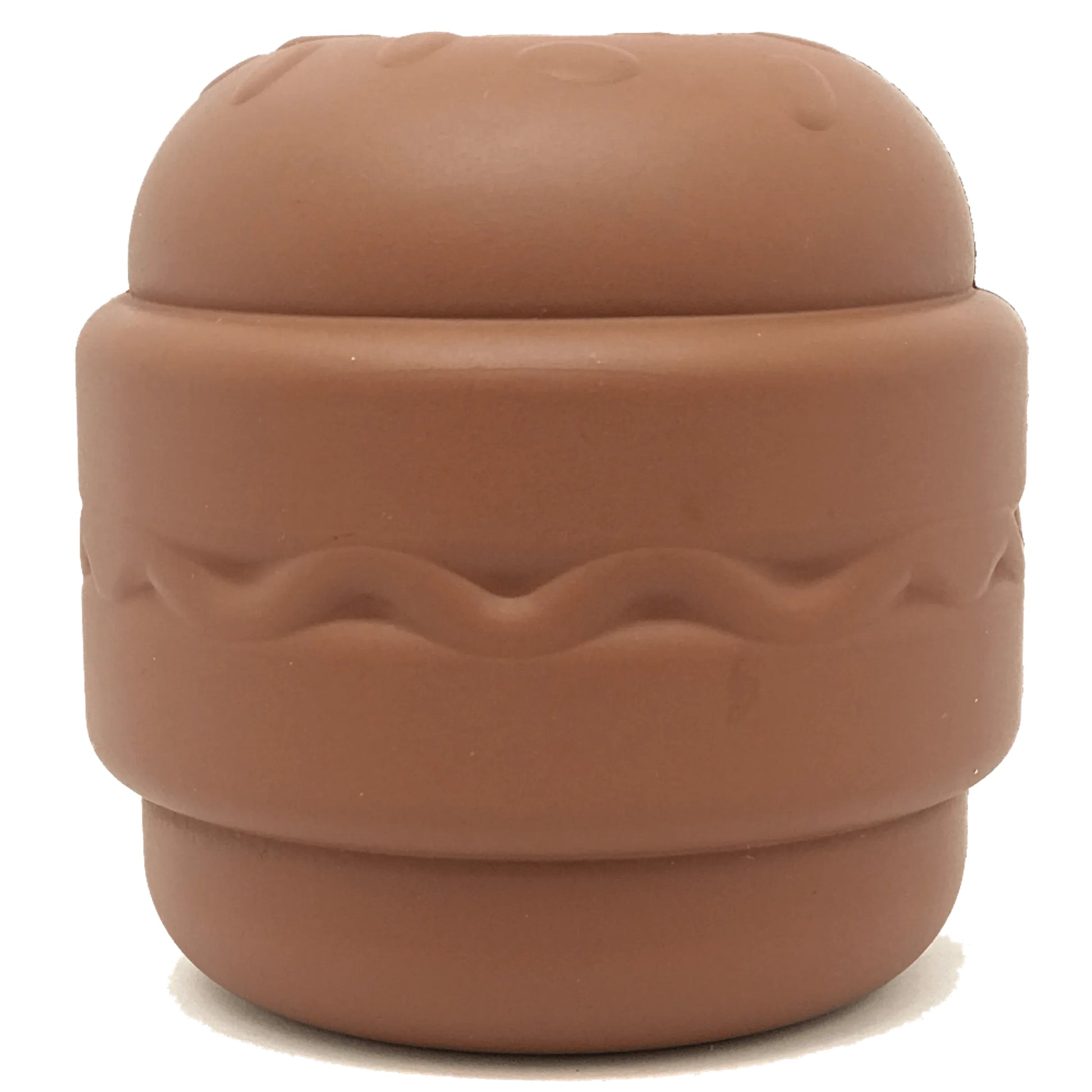 Front view of brown matte rubber hamburger shaped dog chew toy