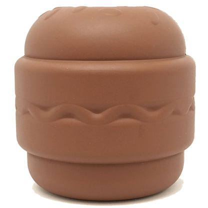Front view of brown matte rubber hamburger shaped dog chew toy