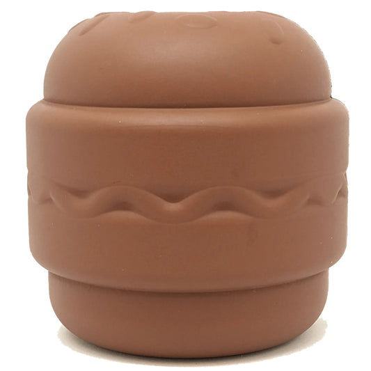 Front view of brown matte rubber hamburger shaped dog chew toy