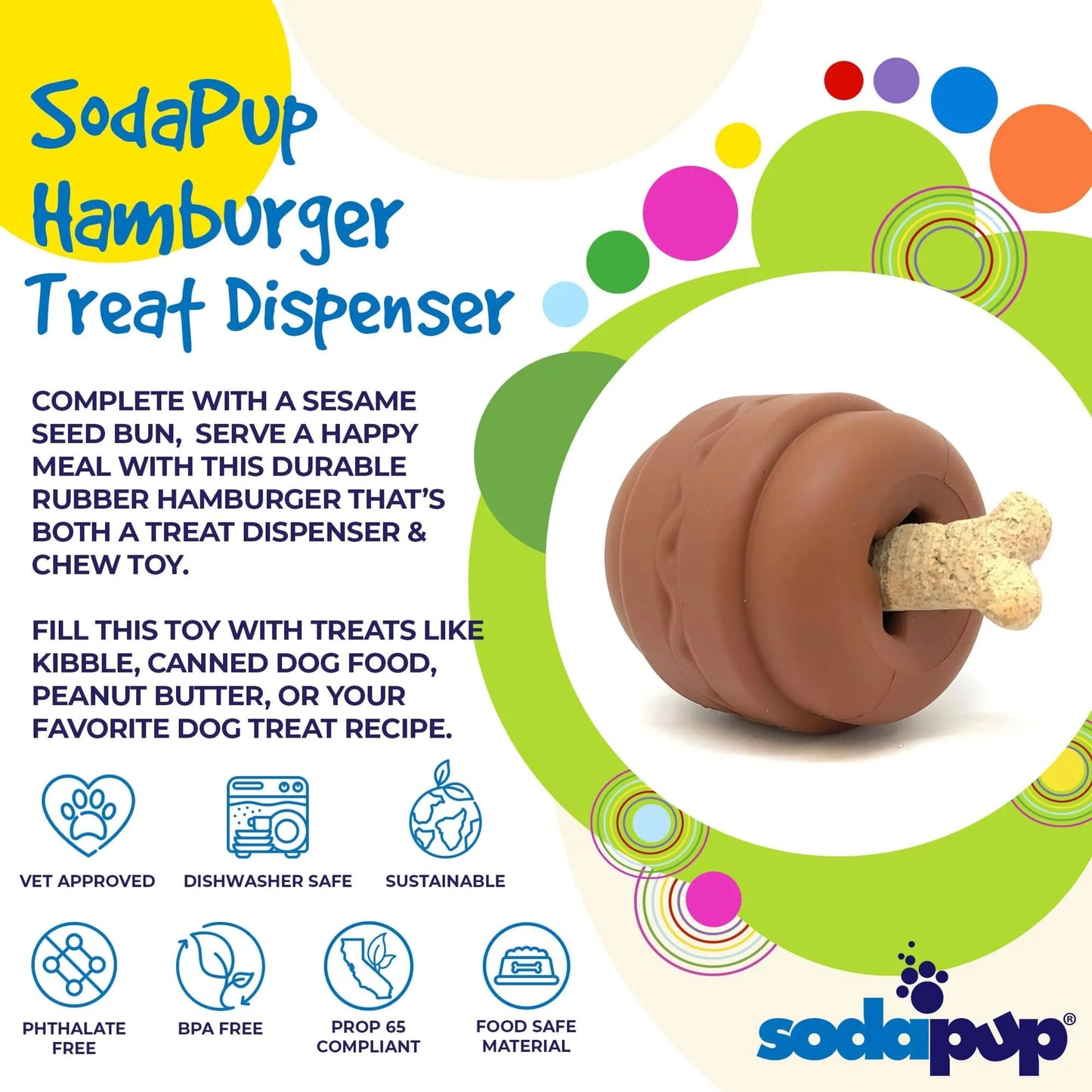 SodaPup dishwasher safe hamburger dog toy filled with peanut butter
