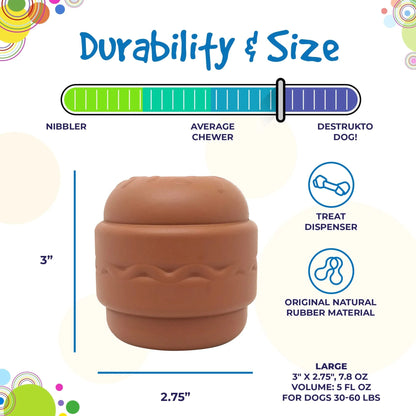 Large brown natural rubber hamburger chew toy for heavy chewers 30-60 lbs