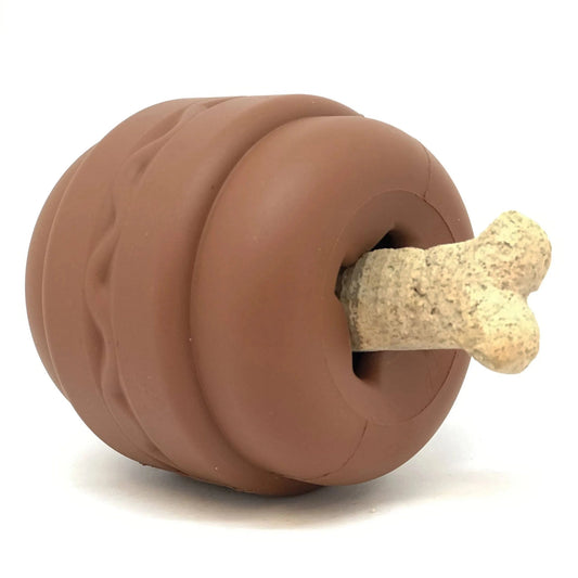 Front view of brown matte rubber hamburger shaped dog chew toy
