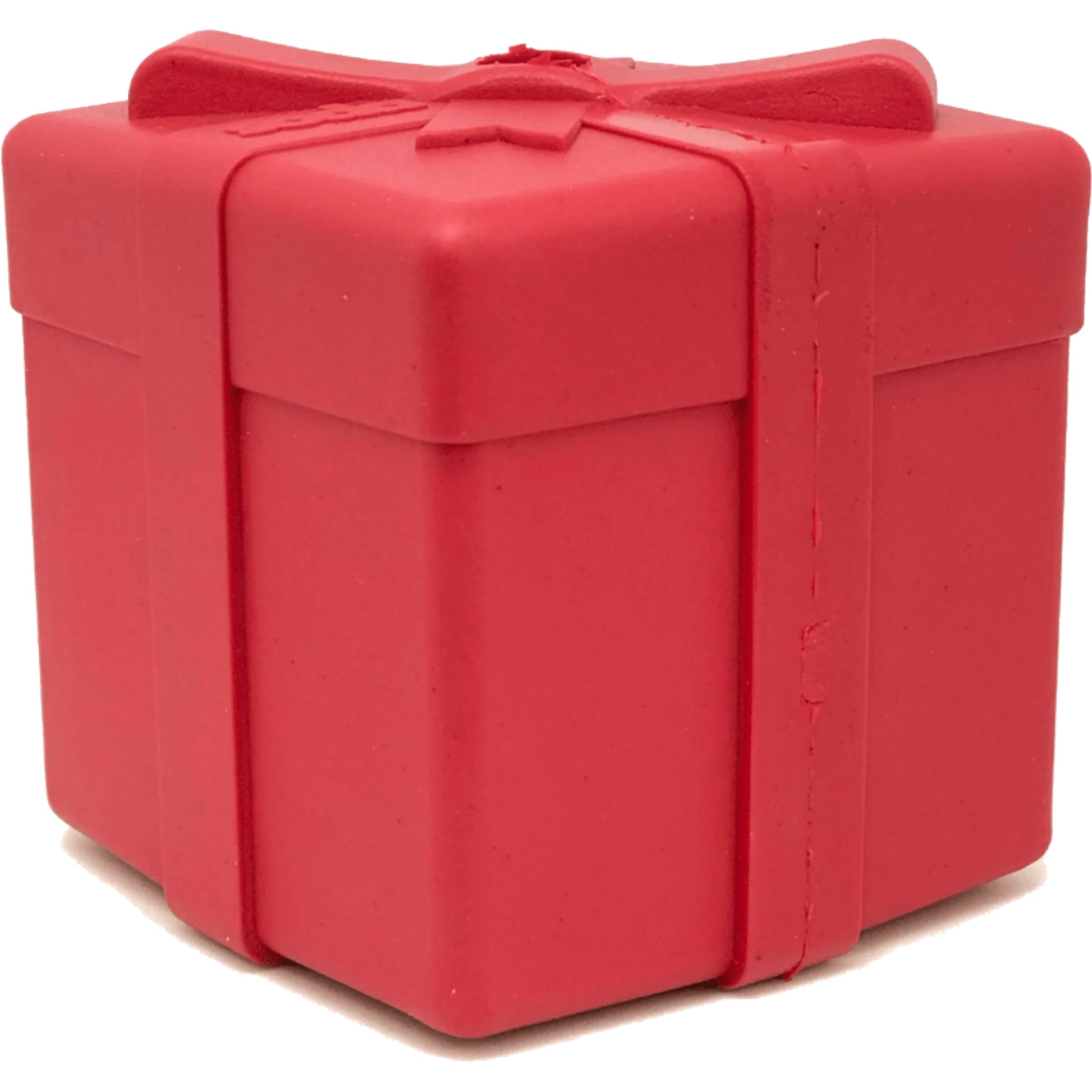 Red cube-shaped natural rubber chew toy with gift box design