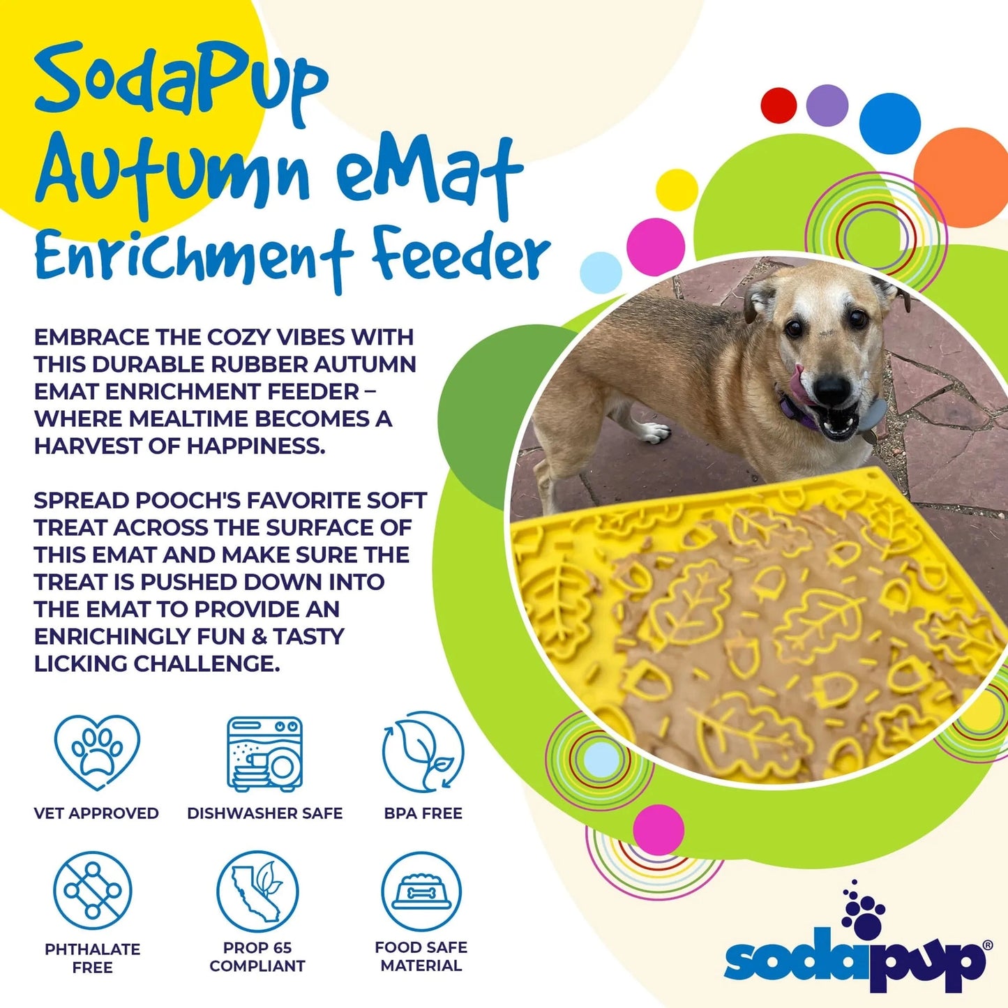 SodaPup yellow autumn leaf lick mat with acorn texture for dog enrichment