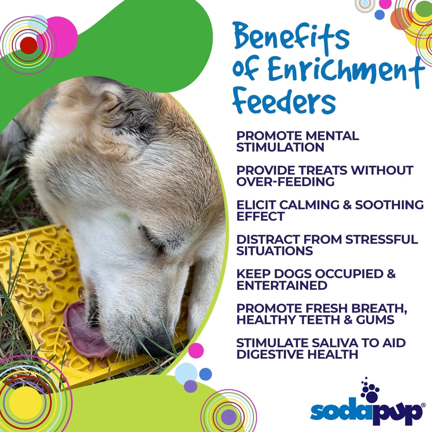 Dog licking yellow textured fall leaf mat outdoors for calming mental stimulation