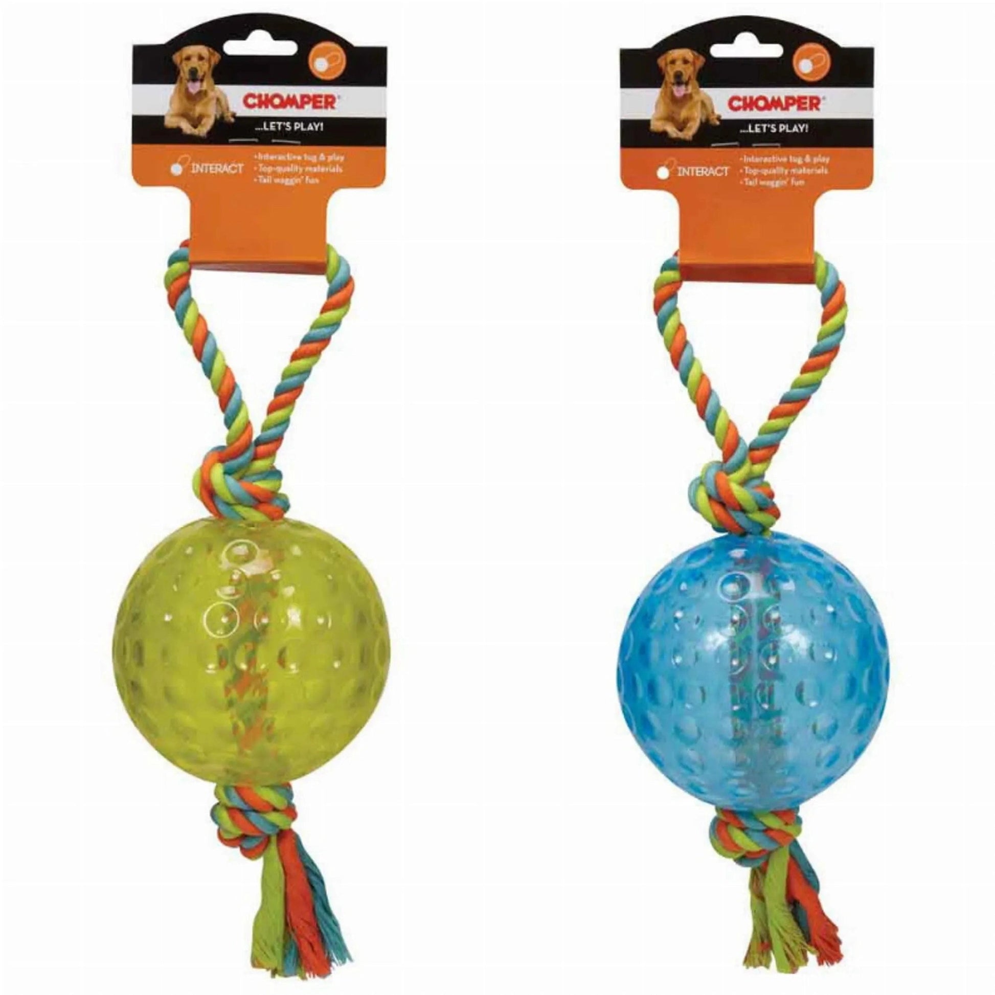 Chomper 5in TPR dog tug toy with rope, lime green and sky blue textured ball for fetch and interactive play