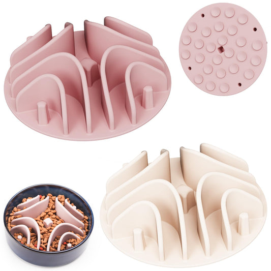 Nopisen 2 Pcs Slow Feeder Pet Bowls Insert,Soft Silicone Anti-Choking Slow Feeder Dog Bowl Insert with Strong Suction Cups Slow Feeder for Most Dogs Bowl or Dogs Dish (White+Pink)