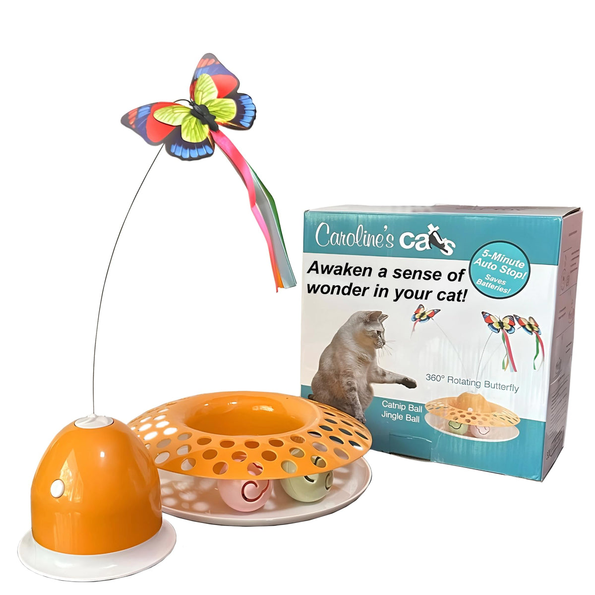 Carolines Cats Automatic Butterfly Cat Toy – Interactive 2 in 1 with Auto Shut Off & Catnip Ball Track; Recommended Electric Exercise & Enrichment Game