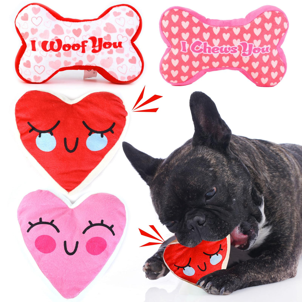 Mruq pet Valentines Day Dog Toys 4pcs Cute Fun Interactive Plush Squeaky Dog Toys Red and Pink Bone and Heart Gifts Puppy Dog Teething Chew Toys for Small Medium Pet Dogs Teeth Cleaning