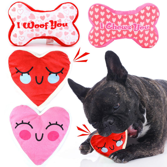 Mruq pet Valentines Day Dog Toys 4pcs Cute Fun Interactive Plush Squeaky Dog Toys Red and Pink Bone and Heart Gifts Puppy Dog Teething Chew Toys for Small Medium Pet Dogs Teeth Cleaning