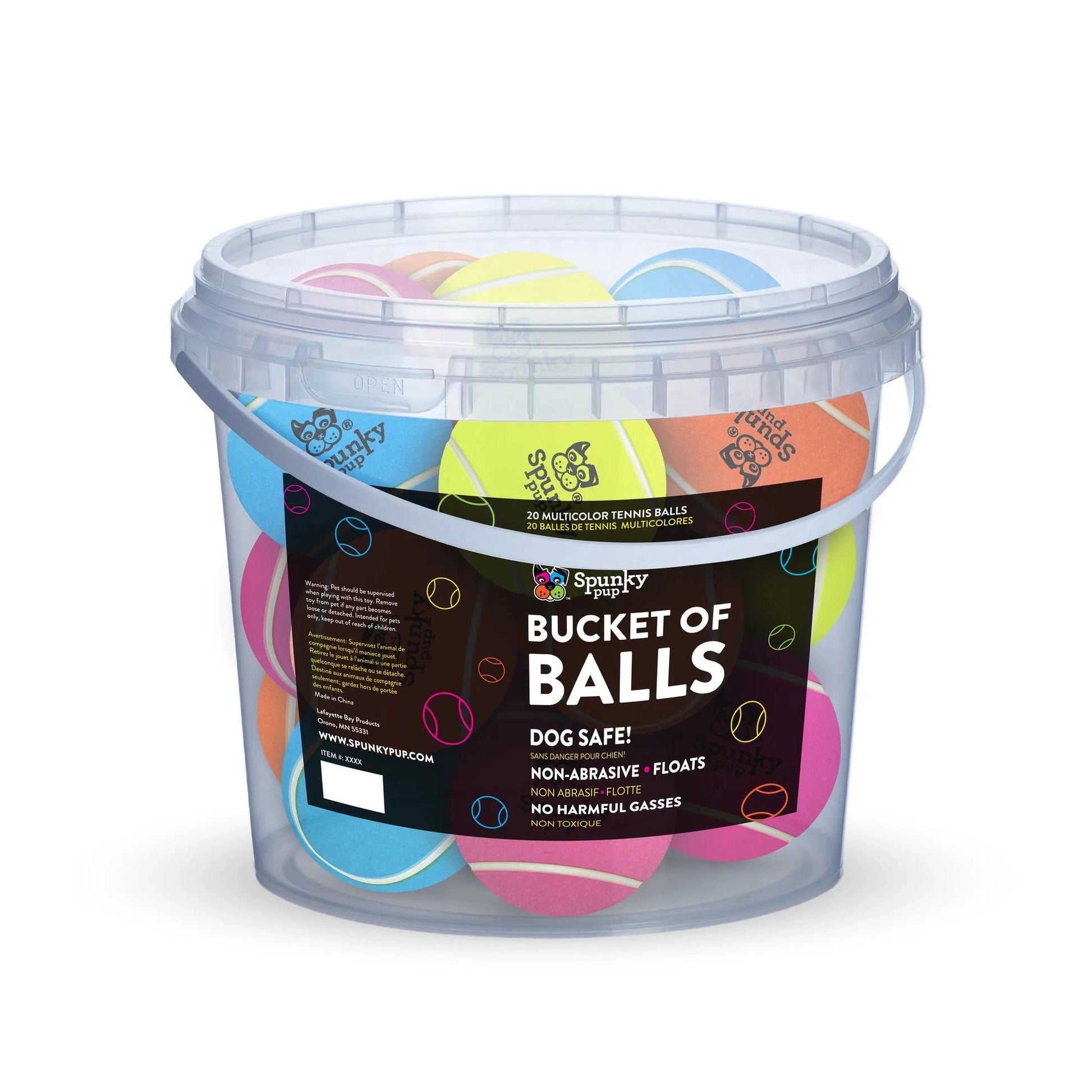 Spunky Pup 24-piece multicolored tennis ball bucket for dogs with non-abrasive fetch toy