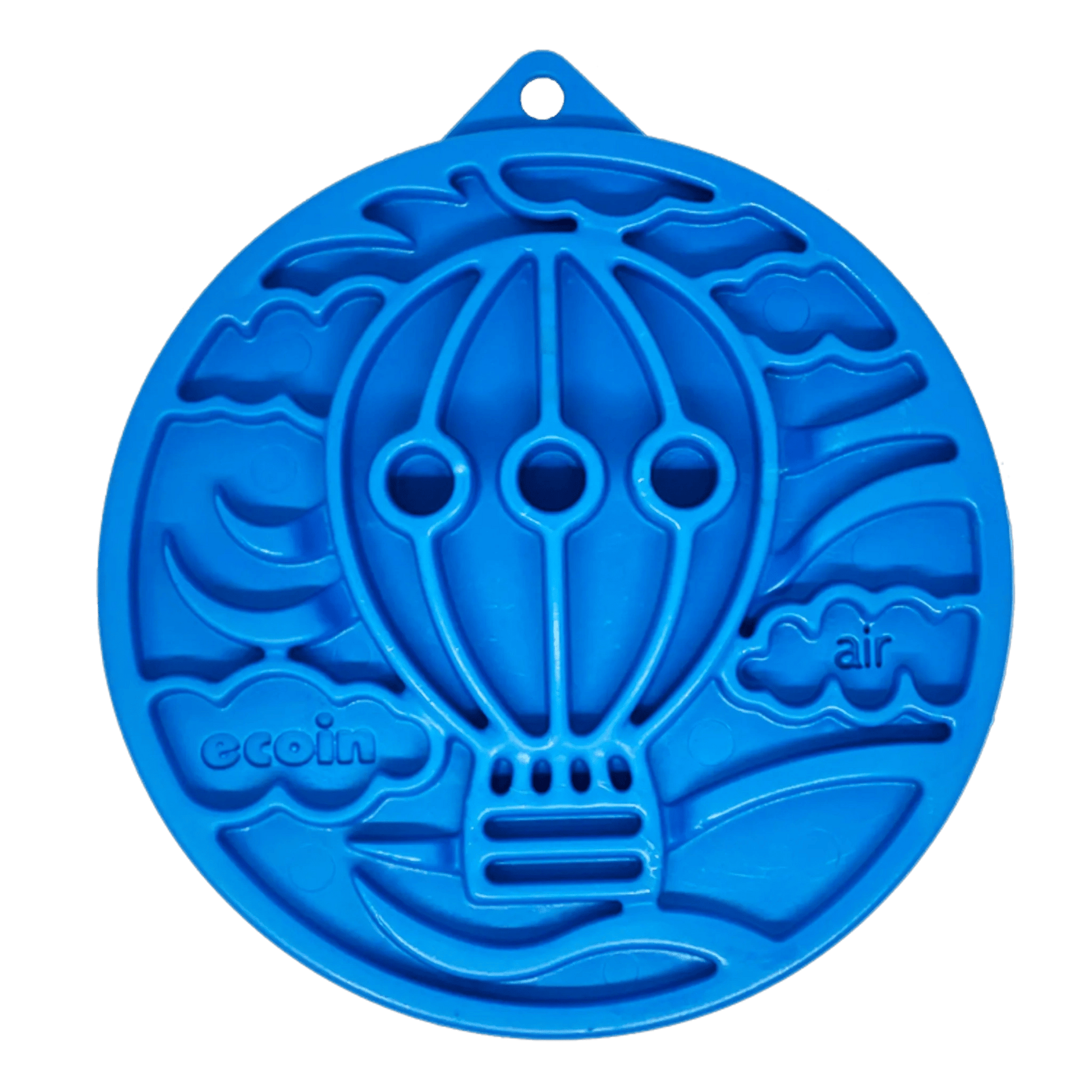 Blue circular nylon enrichment feeder with hot air balloon design