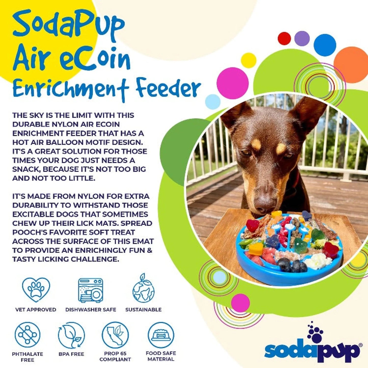 SodaPup Air eCoin blue lick mat with vet approved features graphic