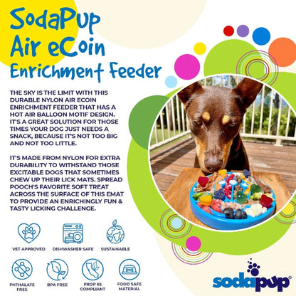 SodaPup Air eCoin blue lick mat with vet approved features graphic