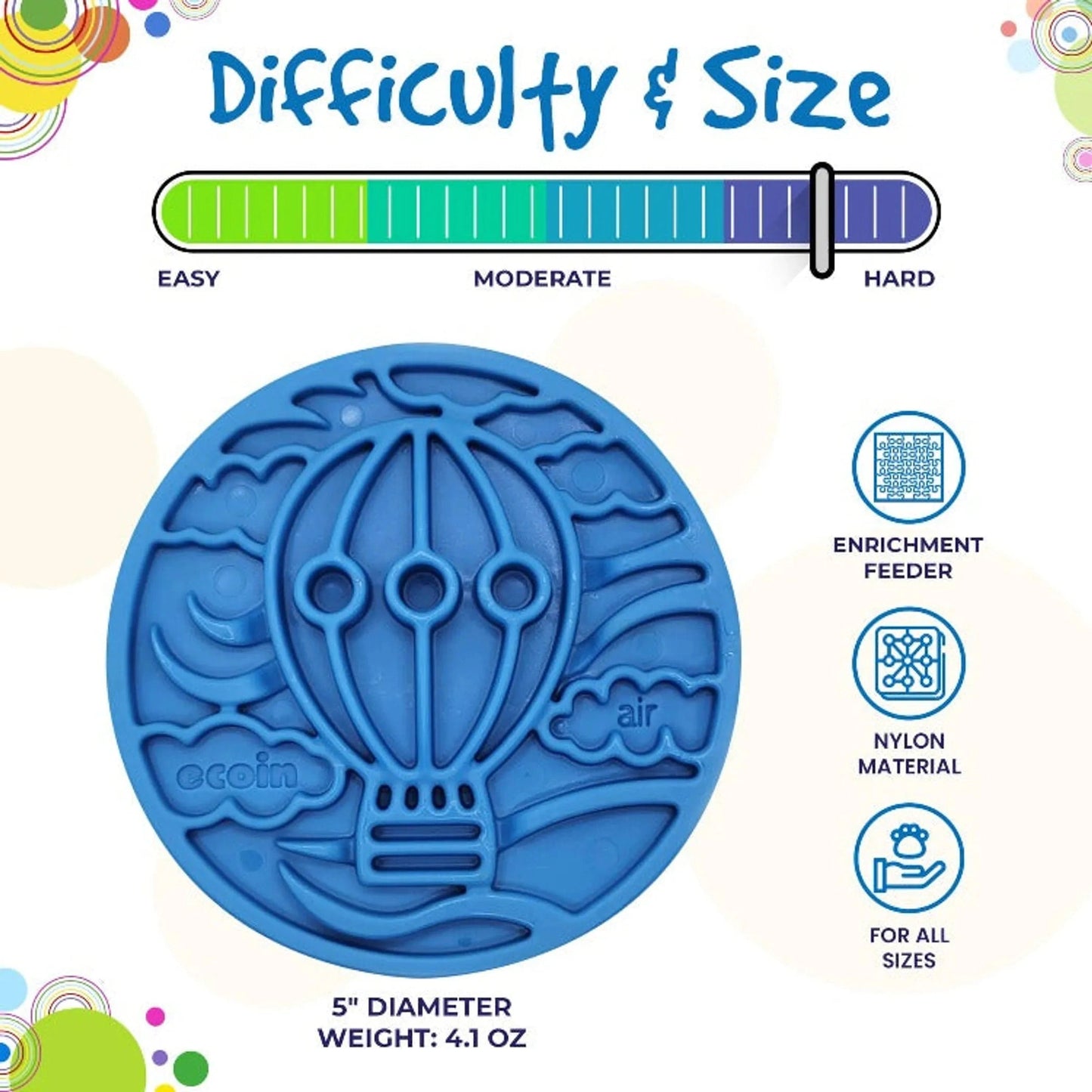 Blue nylon enrichment feeder difficulty scale and size specs