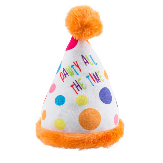 White polka dot 'PAWTY ALL THE TIME' dog party hat with orange pom-pom trim