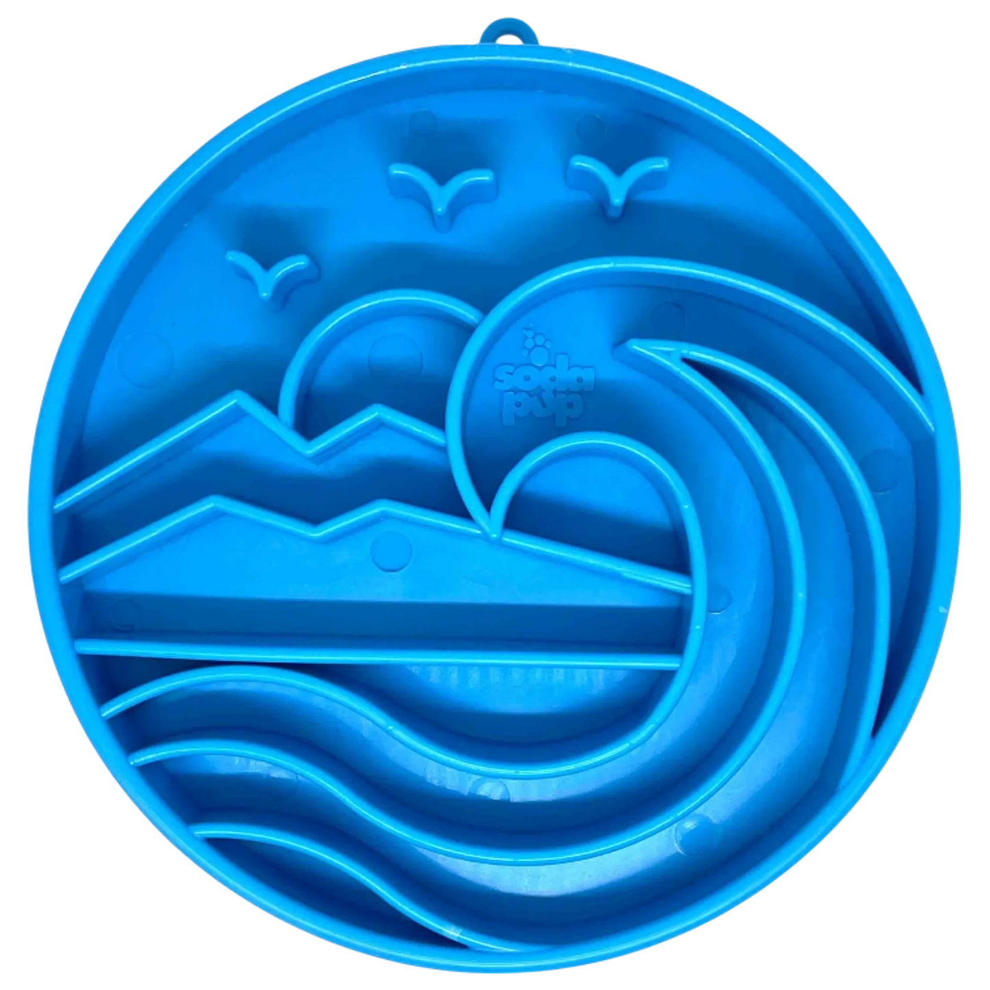 Blue circular slow feeder bowl with hanging loop and logo