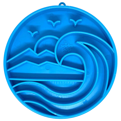 Blue circular slow feeder bowl with hanging loop and logo