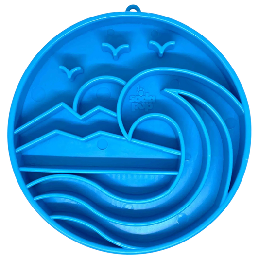 Blue circular slow feeder bowl with hanging loop and logo