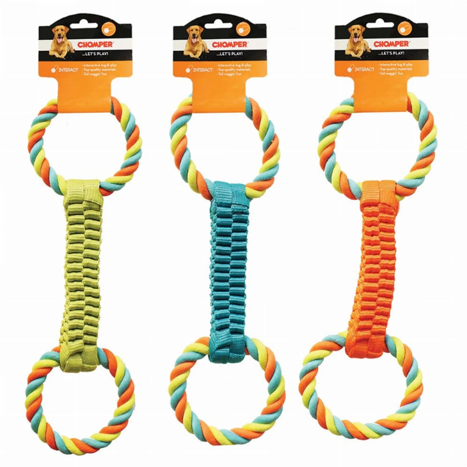 Chomper Ballistic Weave Rope Tug Fetch Toy with lime green, teal, and orange woven straps for dog interactive play