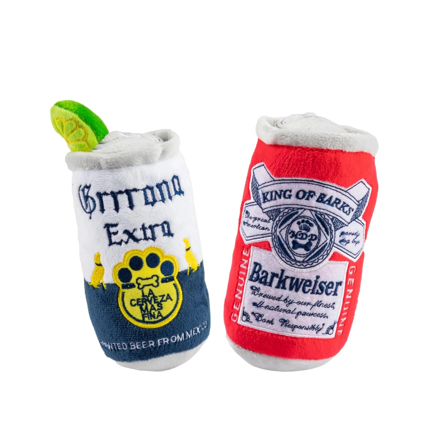 Beer Can Bundle Squeaker Plush Toy set with Corona Extra and King of Barks designs for dogs