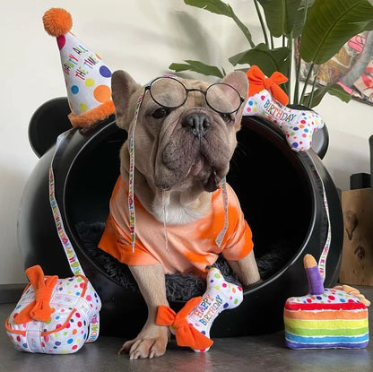 French bulldog wearing Haute Diggity Dog party hat and birthday banner with plush toys