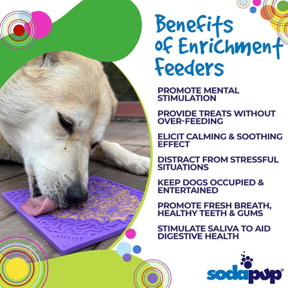 Dog using purple enrichment feeder lick mat for anxiety relief benefits