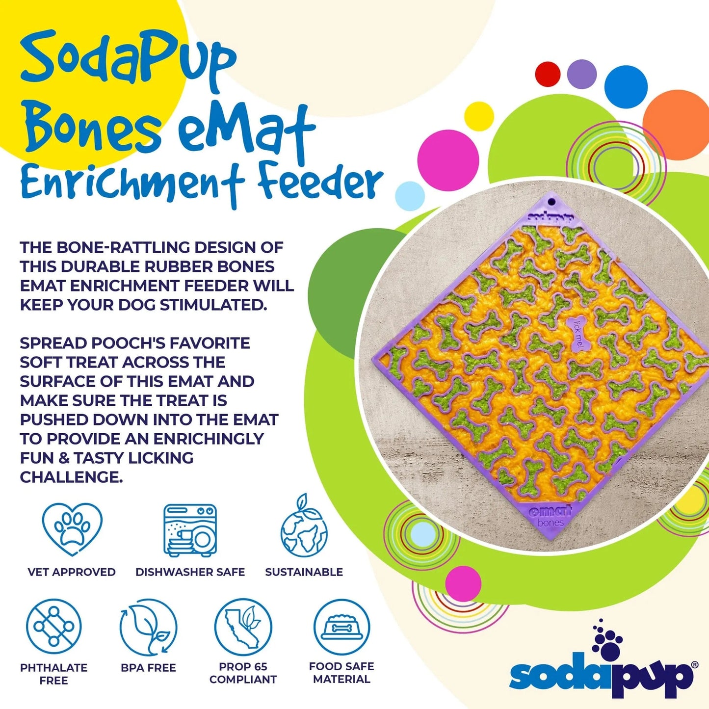Purple bone-patterned lick mat filled with soft treats and vet approved