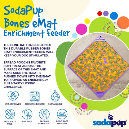 Purple bone-patterned lick mat filled with soft treats and vet approved