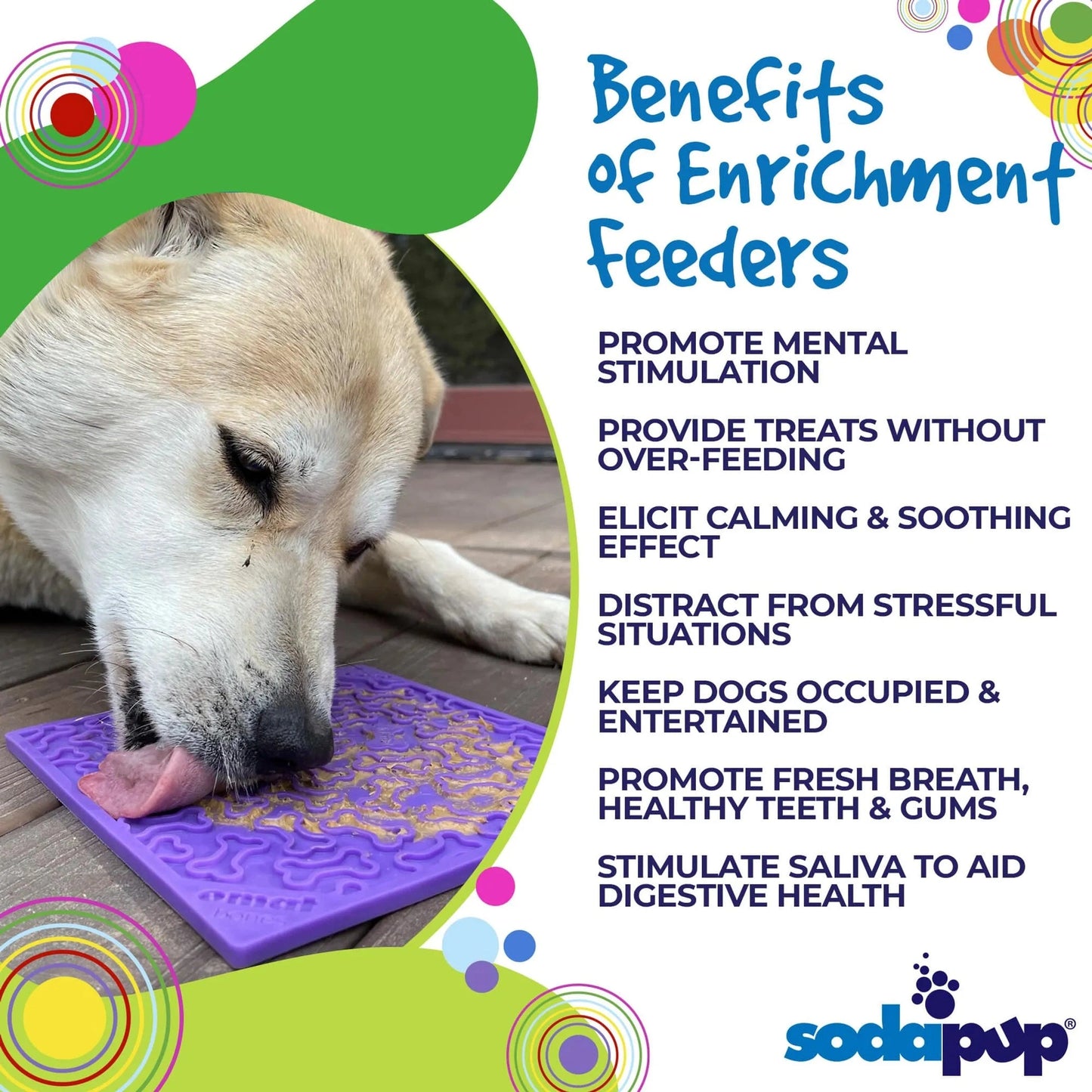 Dog using purple enrichment lick mat for mental stimulation on deck