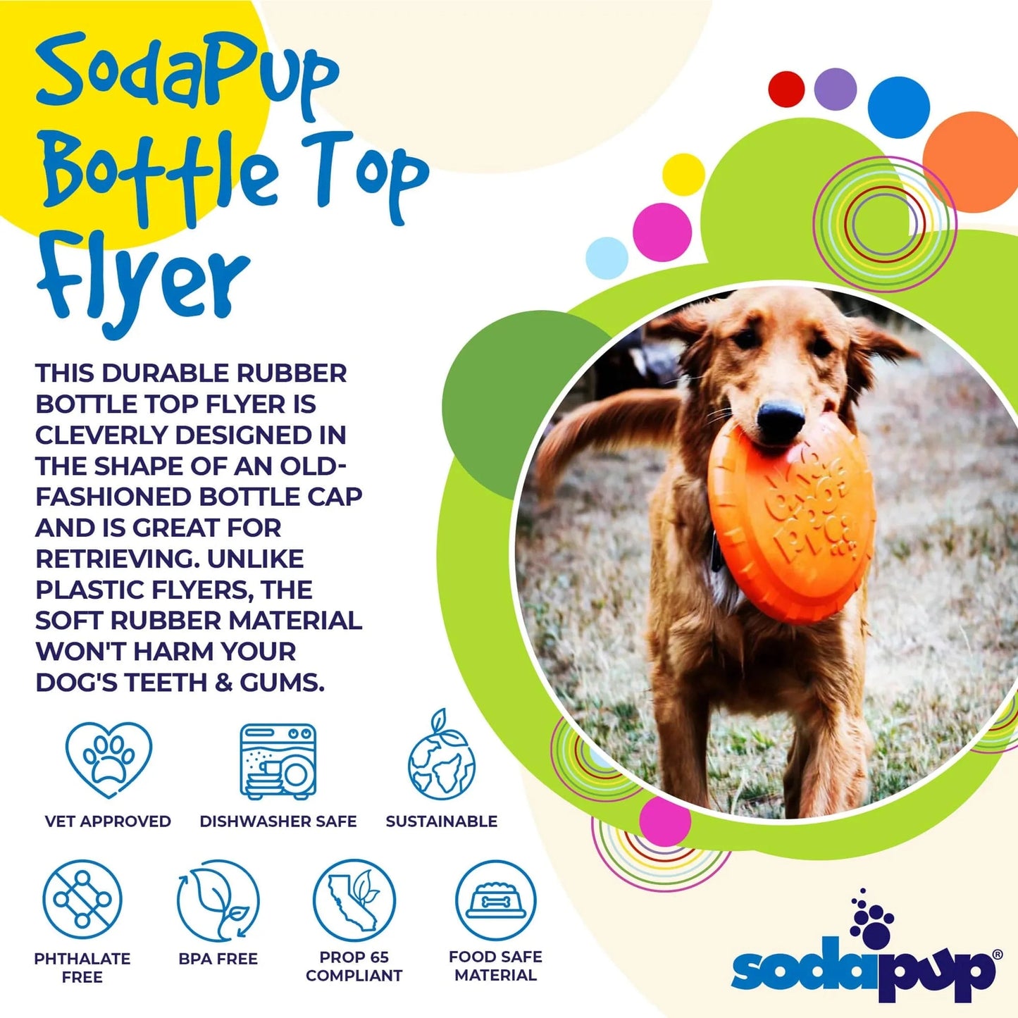 Golden retriever holding orange SodaPup bottle top frisbee fetch toy