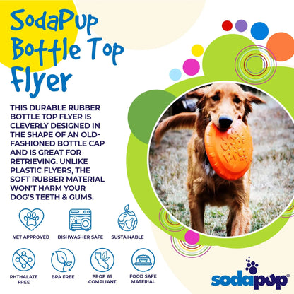 Golden retriever holding orange SodaPup bottle top frisbee fetch toy