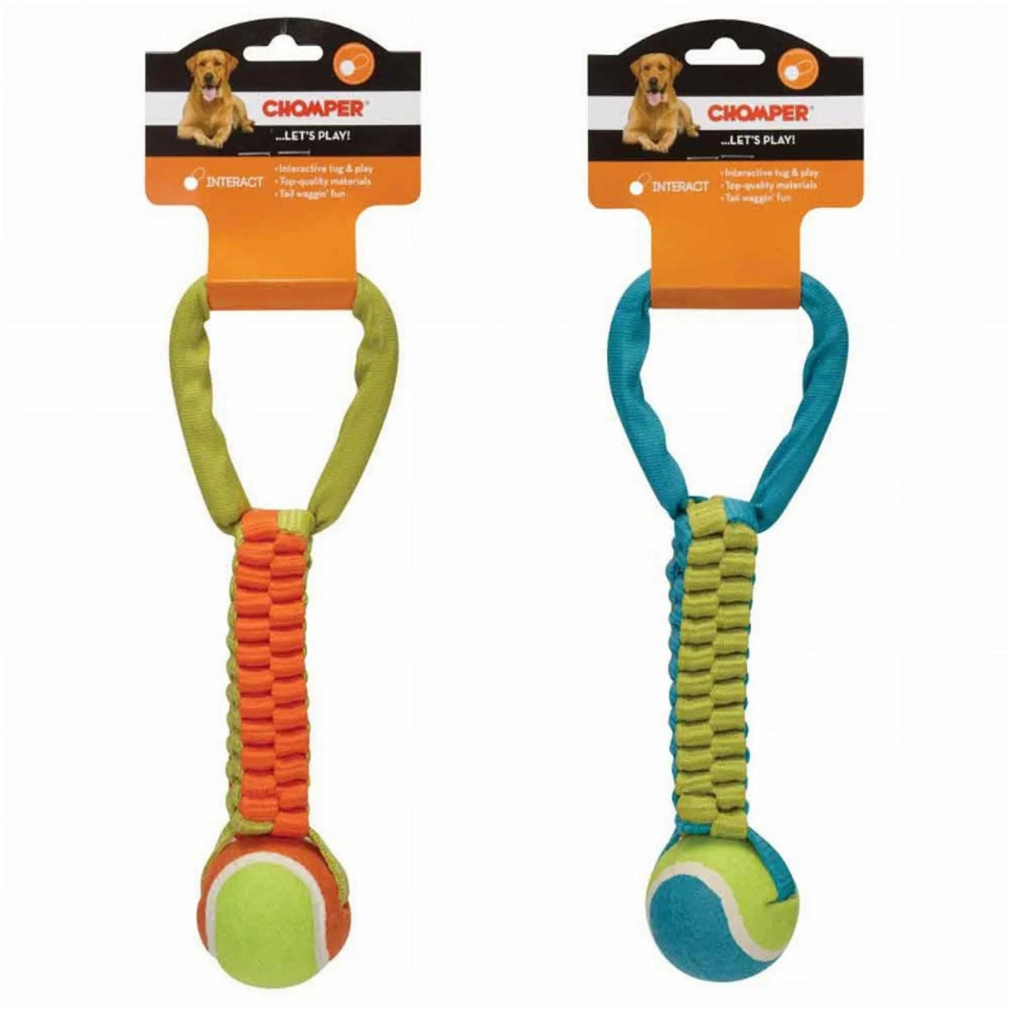 Chomper braided nylon tennis ball tug toy with lime green and blue handles for dog fetch play