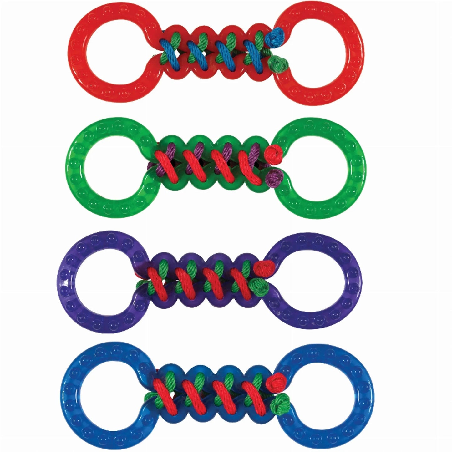 Multicolor braided TPR double tug dog toy with textured handles for mental enrichment
