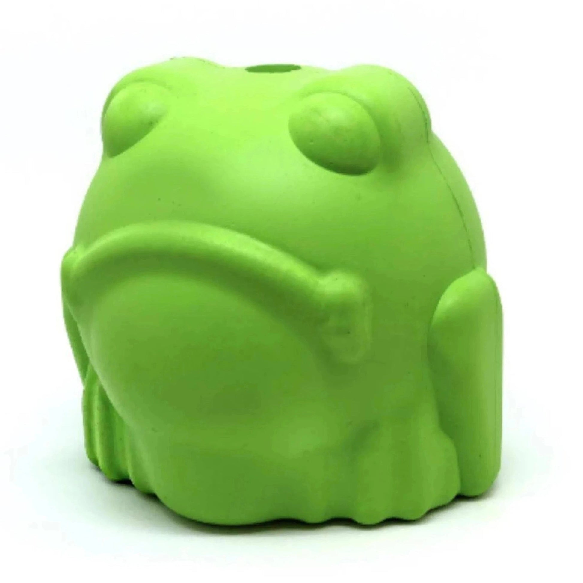 Top loading opening on green Bull Frog rubber dog toy