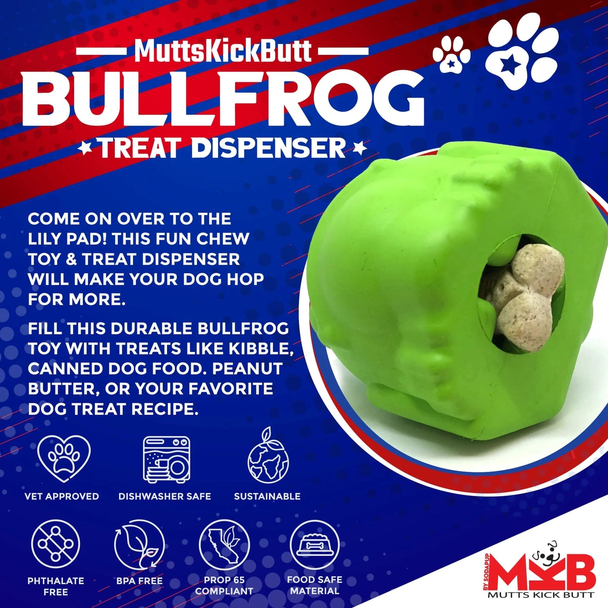 Treat-dispensing green frog dog toy with treats inside