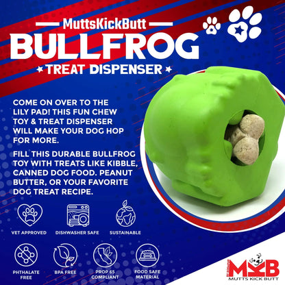 Treat-dispensing green frog dog toy with treats inside