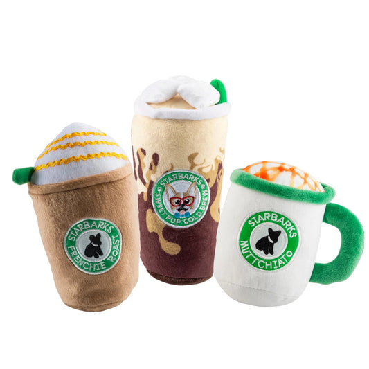 Caffeinated Pup Bundle squeaker plush toys shaped like coffee drinks with embroidered labels