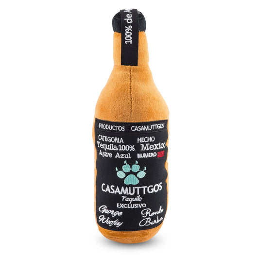 Casamuttgos Tequila bottle plush squeaker dog toy with orange-brown fabric and black label